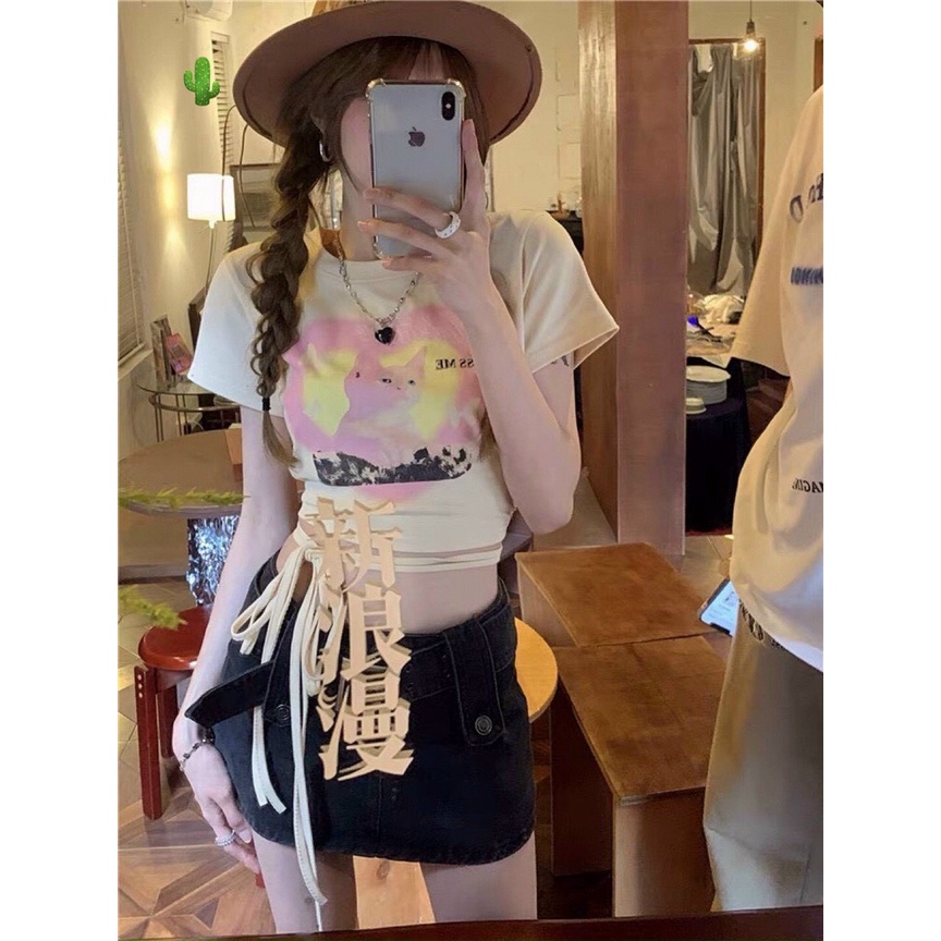 Áo kiểu croptop màu nude in hình mèo hồng quần dây eo cực xinh , chất thun bozip mềm mịn