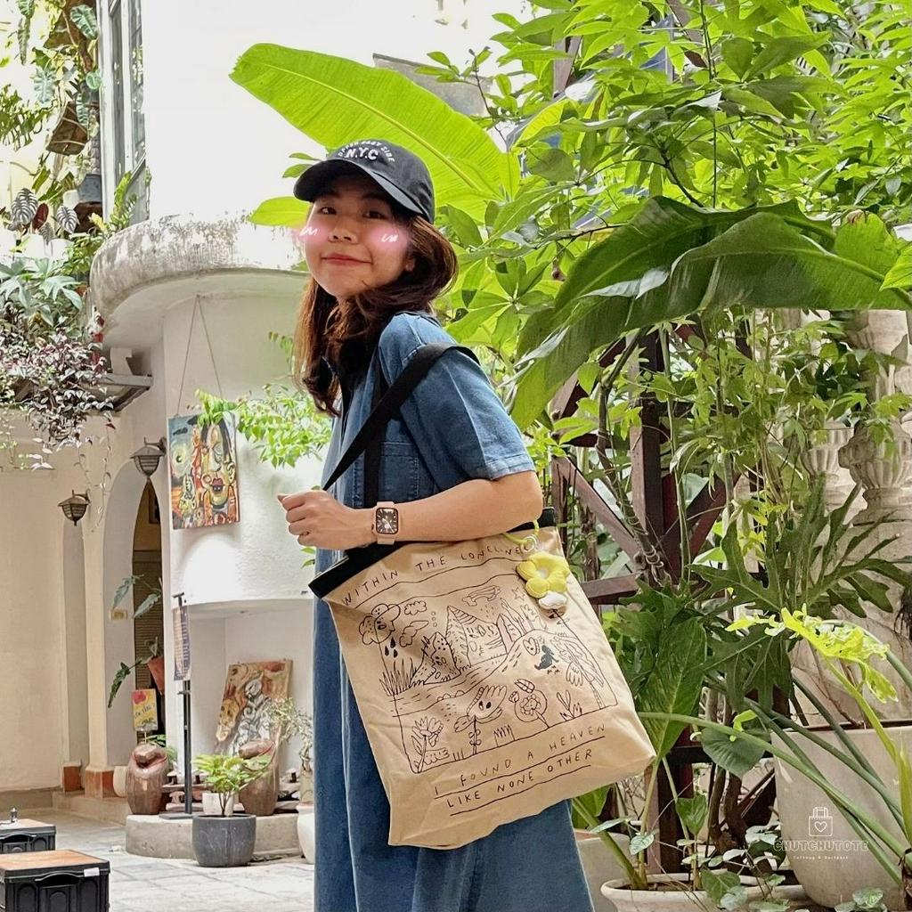 T384 - Túi tote túi vải thời trang Graffiti dễ thương màu nâu cafe