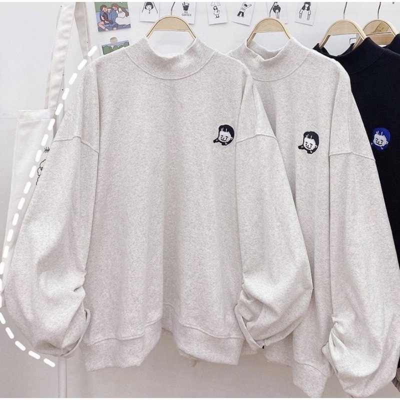 Áo Sweater Cổ lọ NANASS Thêu cô gái thun gân 🦋/Nam nữ unisex/FREESHIP ❤️