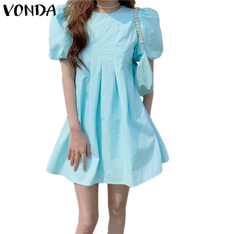Đầm VONDA tay ngắn phồng màu trơn phong cách Hàn Quốc thời trang mùa hè dành cho nữ