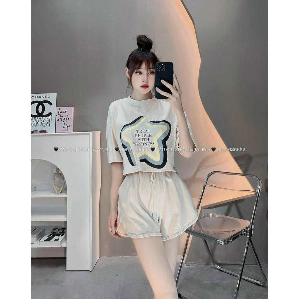 Set đồ nữ bộ quần áo cộc chất cotton đẹp, mềm mịn cổ tròn dáng áo ngắn croptop in hình thời trang mẫu mới hè 2023