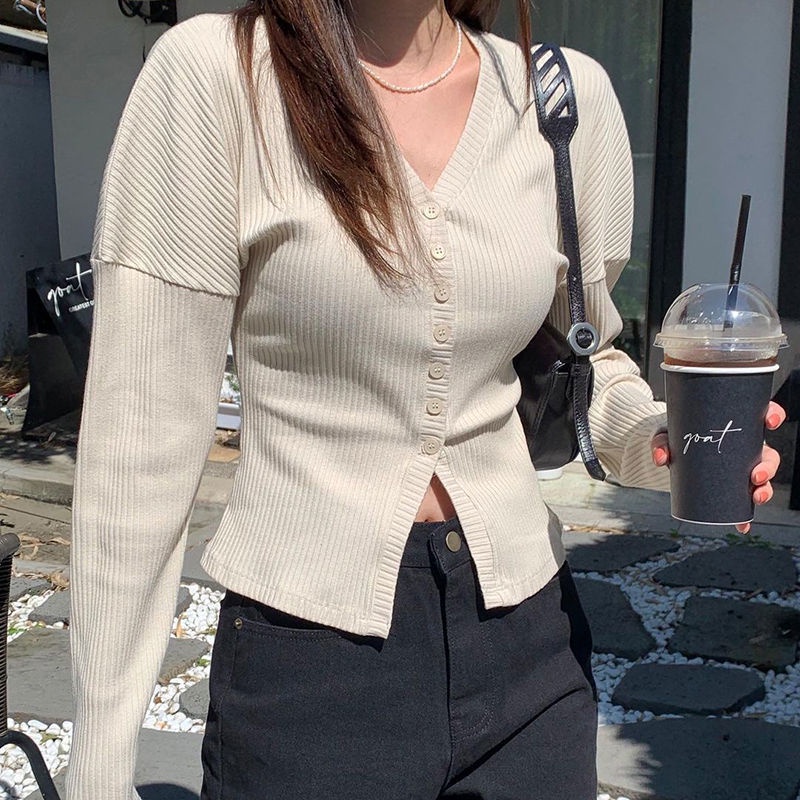 Áo sweater tay dài cổ chữ V màu sắc thanh lịch dành cho phái nữ