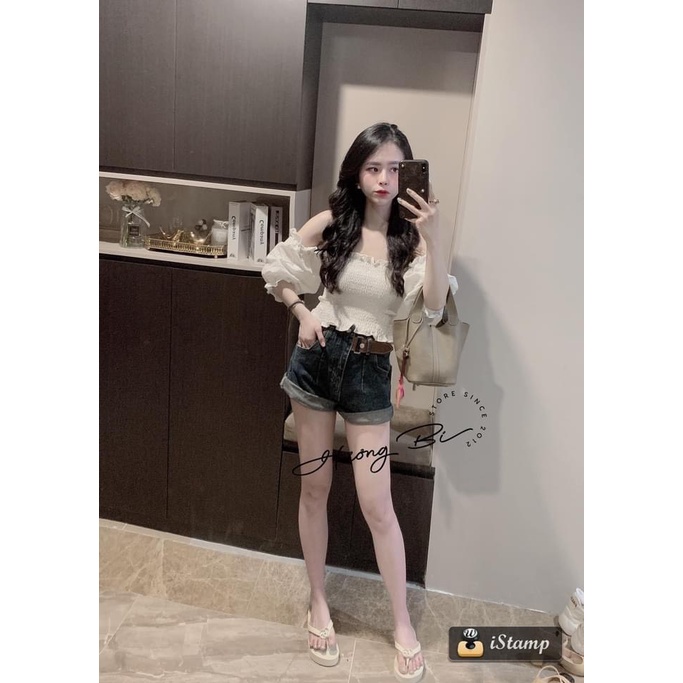 Áo trễ vai kiểu A.313, Áo kiểu ống chun ngực croptop tay bồng họa tiết mặc được 2 kiểu ngọt ngào - Thời trang nữ Chấm Bi