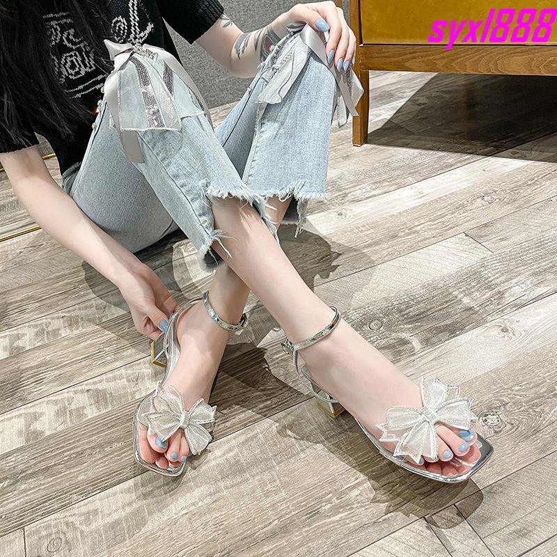 Sandal nữ đính nơ sang chảnh gót vuông 5cm ( có đình kèm video tự quay)