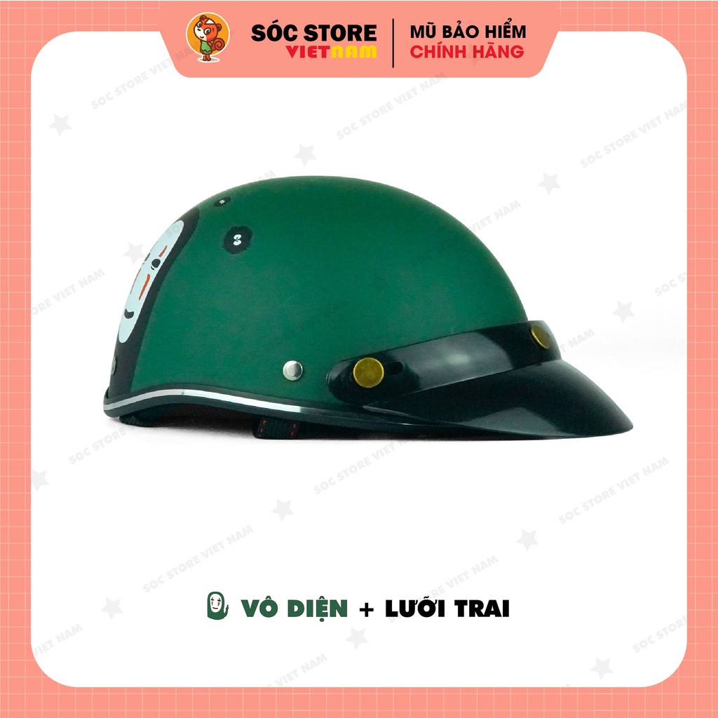 Mũ bảo hiểm nửa đầu chính hãng in hình Vô diện Sóc Store xanh rêu, nón bảo hiểm 1 phần 2, kèm kính UV, kính phi công