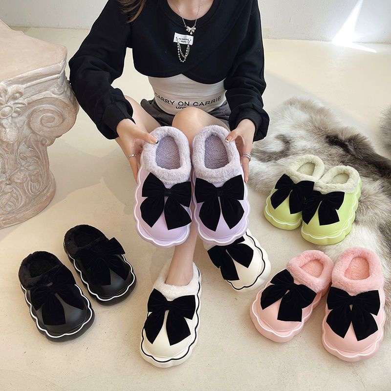 Dép Bông Nữ Đi Trong Nhà Chống Trượt Đính Nơ Dễ Thương