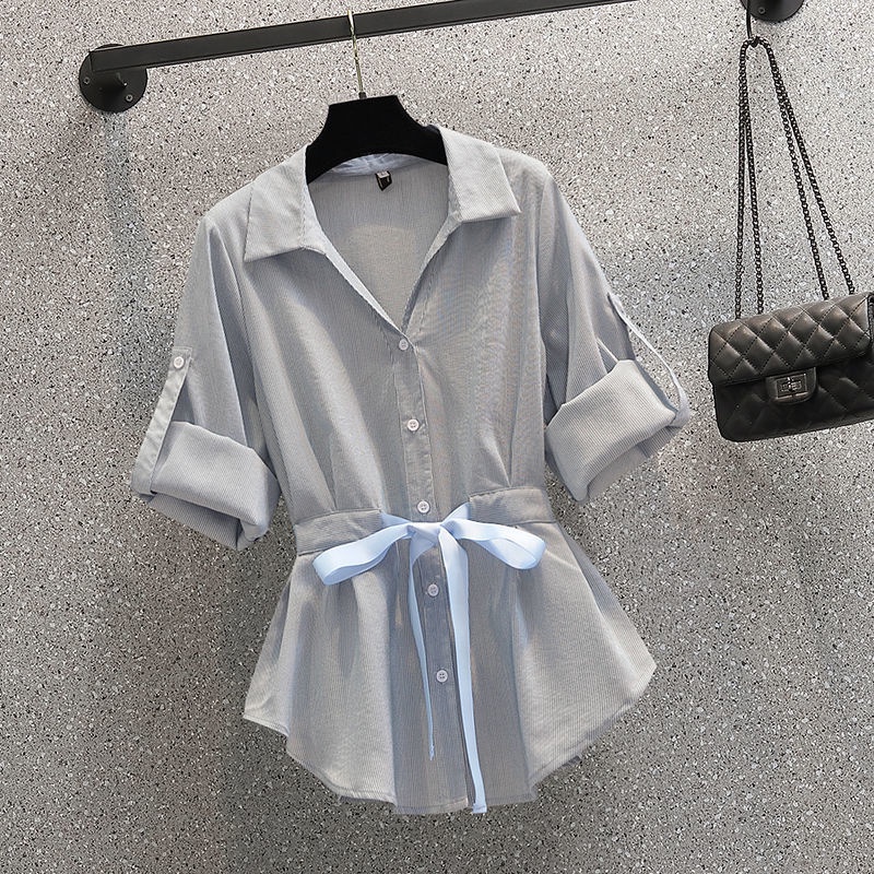 Women's fashionable waist-covered short-sleeved shirt + casual micro-trousers two-piece suit