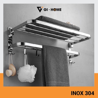 Giá Treo Khăn Nhà Tắm GIHOME Inox 304 Khoan Tường Và Dán Tường Có Móc Treo Quần Áo Tiện Dụng