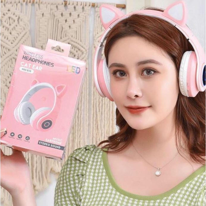 Tai Nghe Bluetooth 5.0 Không Dây Chống Ồn Hình Tai Mèo Có Đèn LED Và Mic Đầu Cắm 3.5mm
