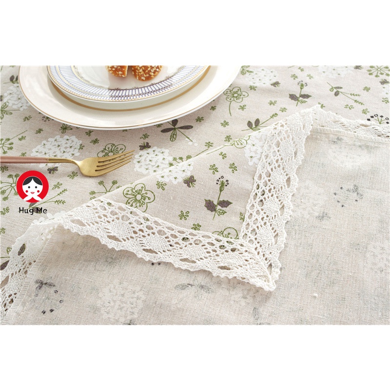 Khăn trải bàn vải cotton phối ren hoa bồ công anh màu xám hiện đại