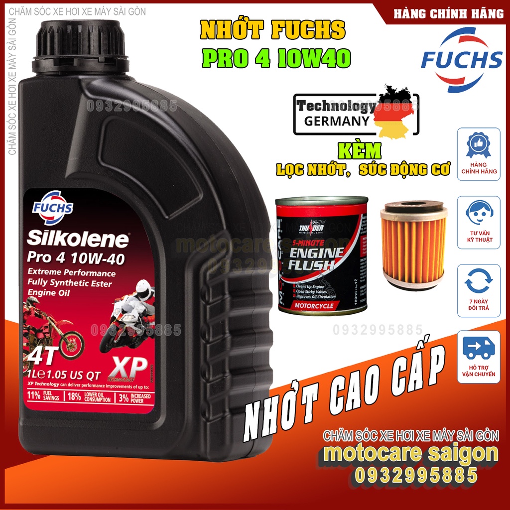 Bộ sản phẩm  Nhớt Fuchs Silkolene pro4 10w40 Tặng lọc nhớt, xúc động cơ