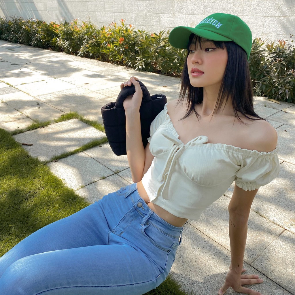 Áo croptop nữ body trễ vai TOPTIFY tay bèo phối nơ ngực Off Shoulder Top AC185