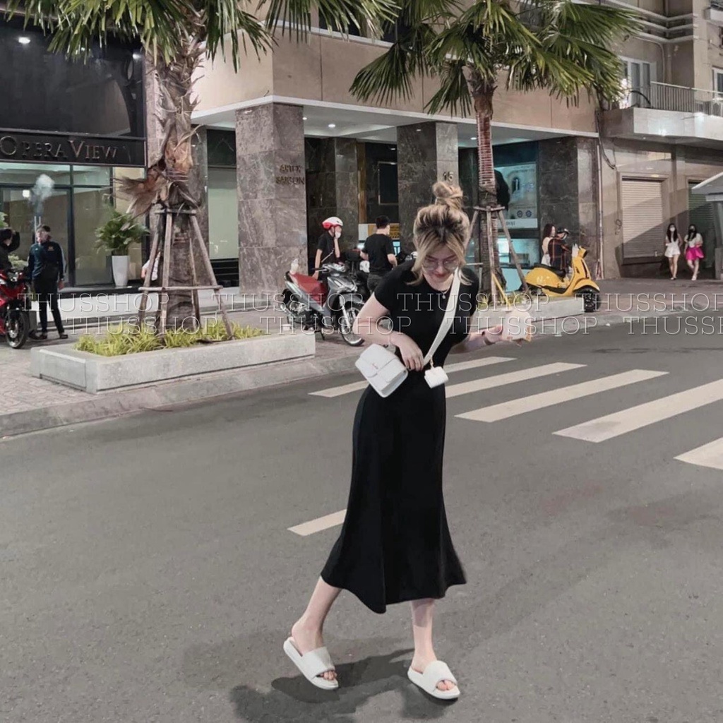 Váy Đầm BIG SIZE Dáng Dài Ôm Body Cổ Tròn Form Rộng Chất Len Tăm Dày Dặn Phối Vạt Xẻ Tà Dài Tay Và Ngắn Tay THUS535