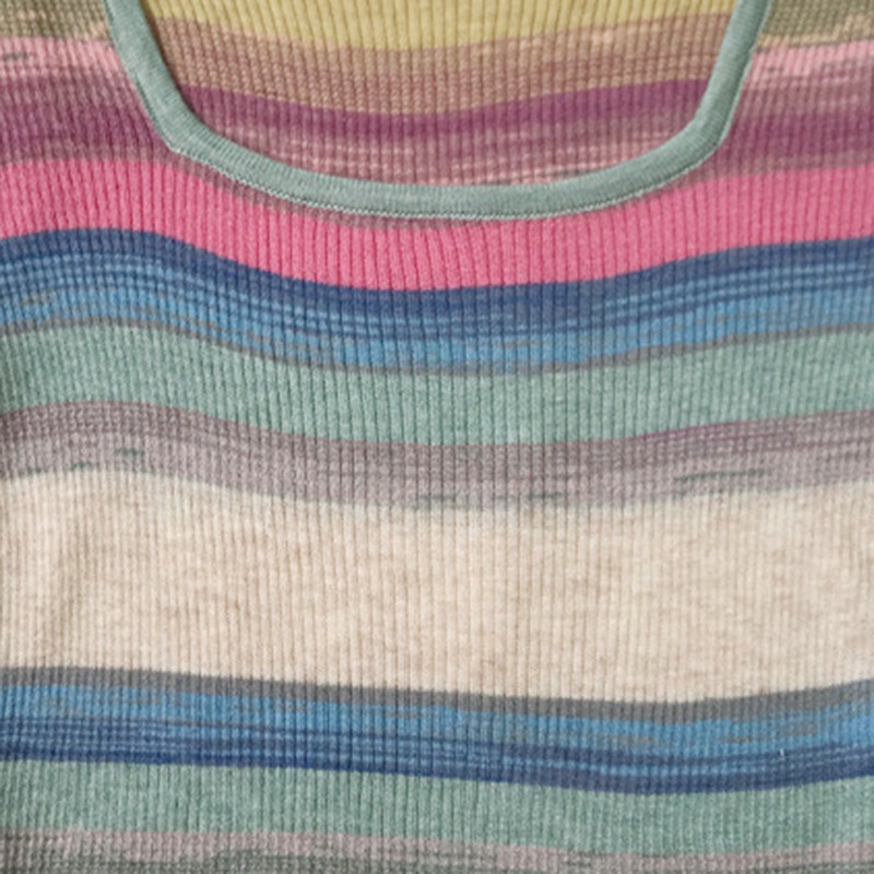 Áo Thun Croptop Dệt Kim Cổ Vuông Tay Ngắn Họa Tiết Kẻ Sọc Nhiều Màu Sắc Thời Trang Cổ Điển Thoáng Khí Cho Nữ