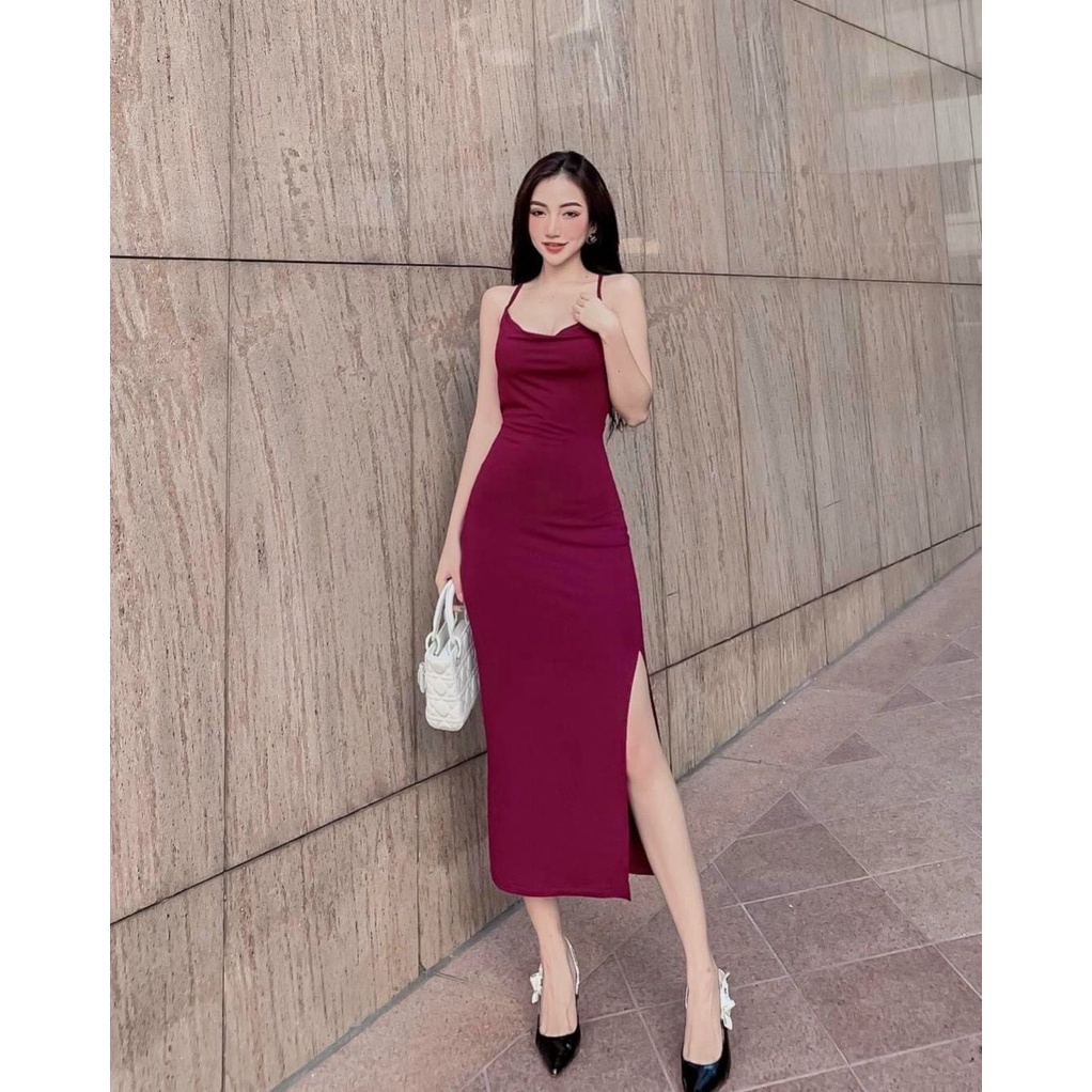 Đầm thun borip ôm body hai dây xẻ tà chéo dây lưng sau sexy