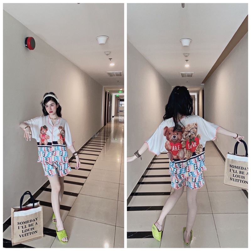 Đồ bộ ngủ pijama tay ngắn quần đùi hình gấu lụa Latin | BigBuy360 - bigbuy360.vn