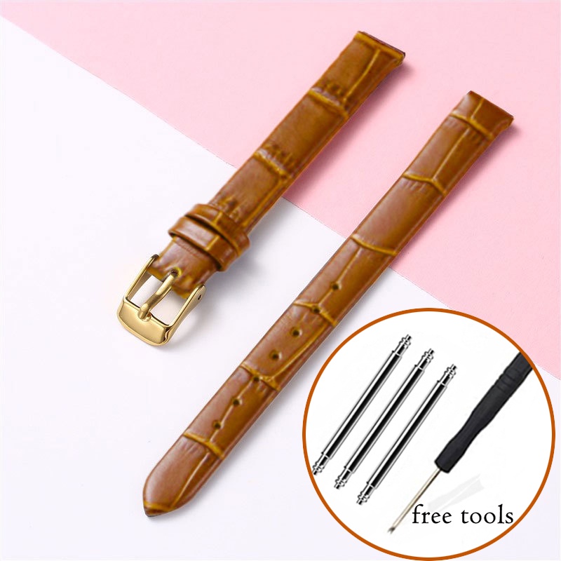 Dây Đeo Đồng Hồ Bằng Da Thật Mỏng Có Khóa Màu Vàng 8mm-20mm