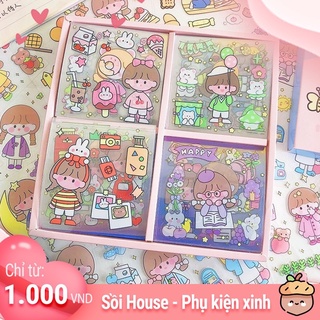 [Deal 1k] Lẻ 1 tờ sticker size 8x8cm hình cô gái và bé thỏ dễ thương trang trí điện thoại,thùng rác mini,... Sồi House