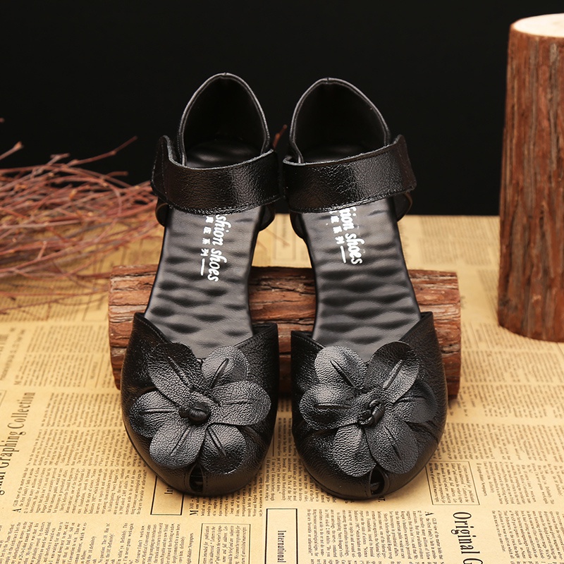 Giày Cao Gót Da Bò Đế Dày Quai Dán Đính Hoa Xinh Xắn Cho Nữ Size 35-41