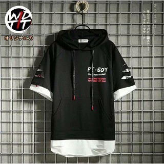 Áo hoodie tay ngắn giả hai lớp dáng rộng trẻ trung hợp thời trang dành cho nam