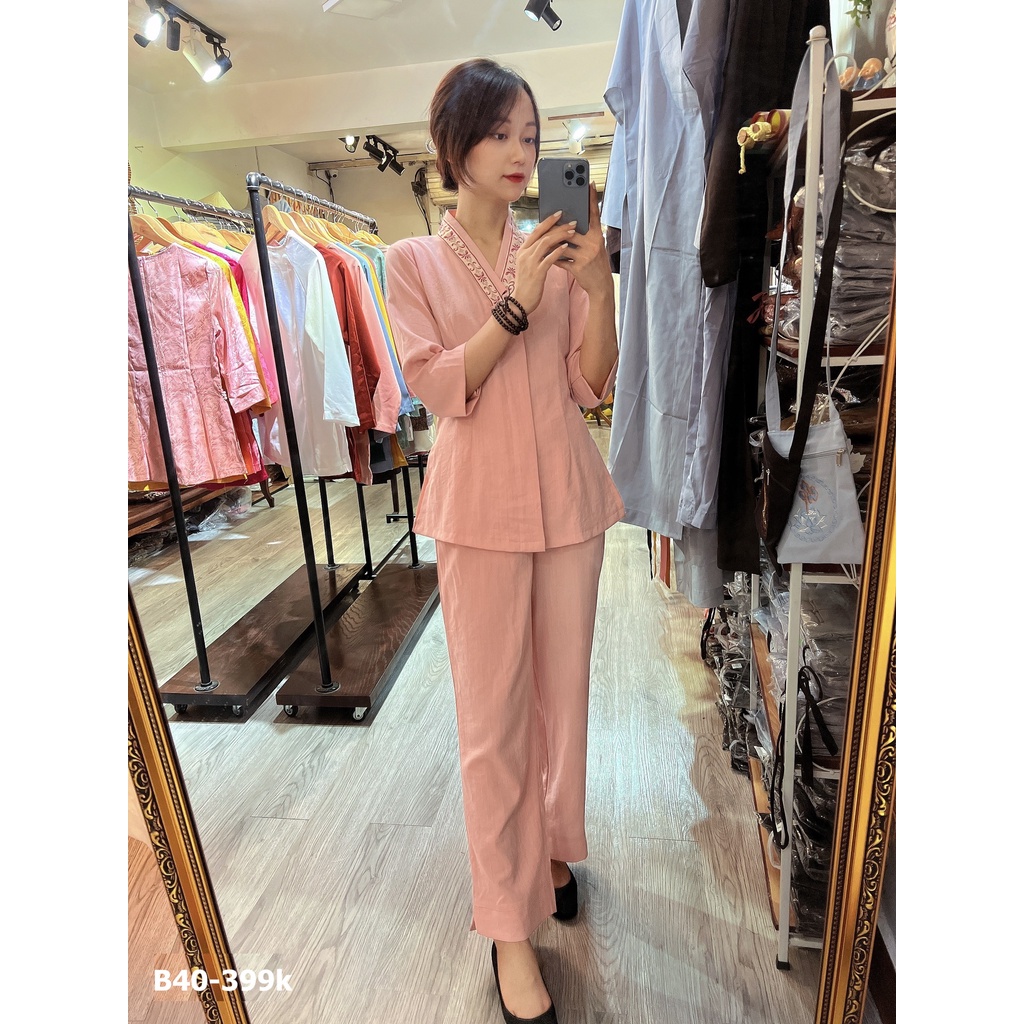 ĐỒ LAM ĐI CHÙA THIẾT KẾ - bộ quần áo phật tử nữ vải đũi Nhật viền cổ duy băng - set pháp phục cao cấp B40