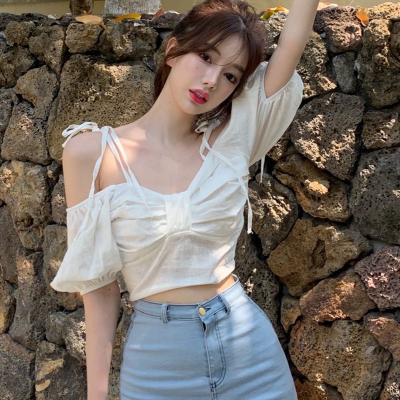 Áo Sơ Mi Trễ Vai Tay Ngắn Cột Dây Thời Trang Quyến Rũ Dành Cho Nữ