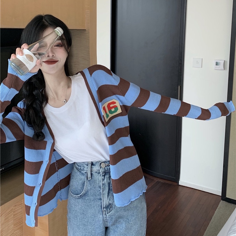 -#Áo Khoác Cardigan Dệt Kim Tay Dài Cổ Chữ v Họa Tiết Kẻ Sọc Dáng Rộng Thời Trang Mùa Hè Cho Nữ