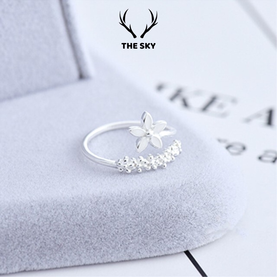 Nhẫn Bạc Nữ THE SKY NB13 Mặt Hình Bông Hoa Cách Điệu Xinh Xắn Freesize