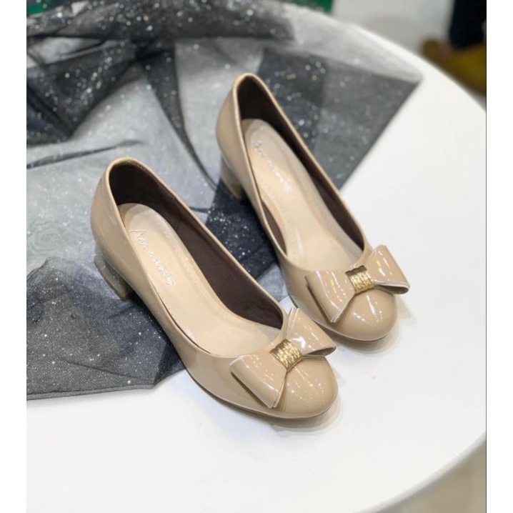 Giày cao gót công sở cao 3 phân mũi tròn gót vuông gắn nơ khóa sắt