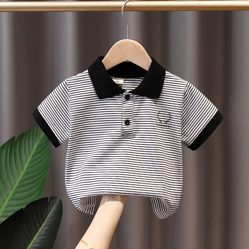 Áo Thun Polo Tay Ngắn Cổ Bẻ Chất Liệu Cotton Nguyên Chất Mỏng Họa Tiết Kẻ Sọc Cho Bé Trai