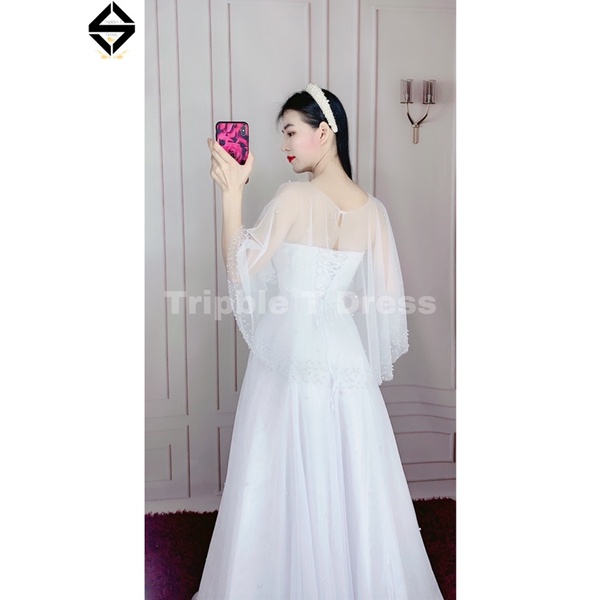 Đầm maxi mặc cưới cúp ngực phối áo choàng cườm ngọc rời TRIPBLE T DRESS - size M/L - MS195Y