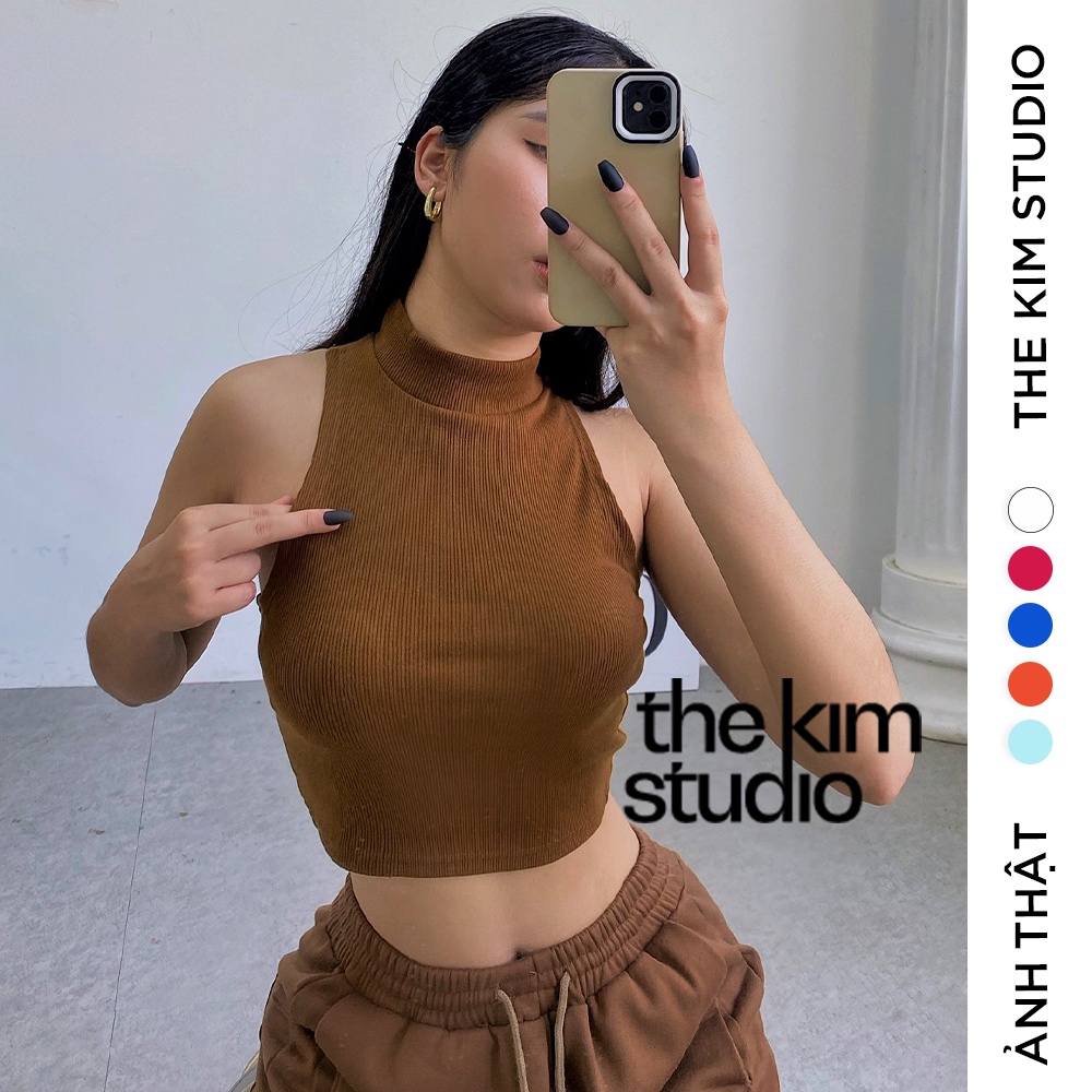 Áo croptop ba lỗ cổ cao len tăm TheKim , áo thun tăm cao cổ 3 lỗ dáng ngắn cho nữ A116
