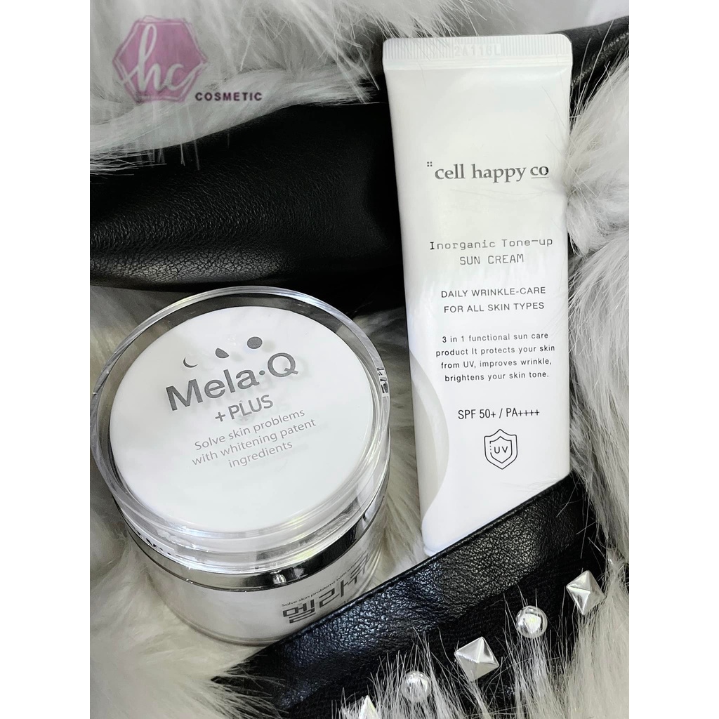 Combo Giảm Nám, Trắng Da, Chống Lão Hóa Kem Nám Mela Q Plus 50ml + Kem Chống Nắng Cell Happy Co 50ml