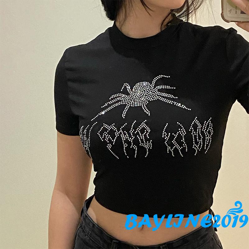 Áo Thun Ngắn Tay Dáng Ôm Hở Rốn Họa Tiết Nhện Đính Đá Thời Trang Cho Nữ