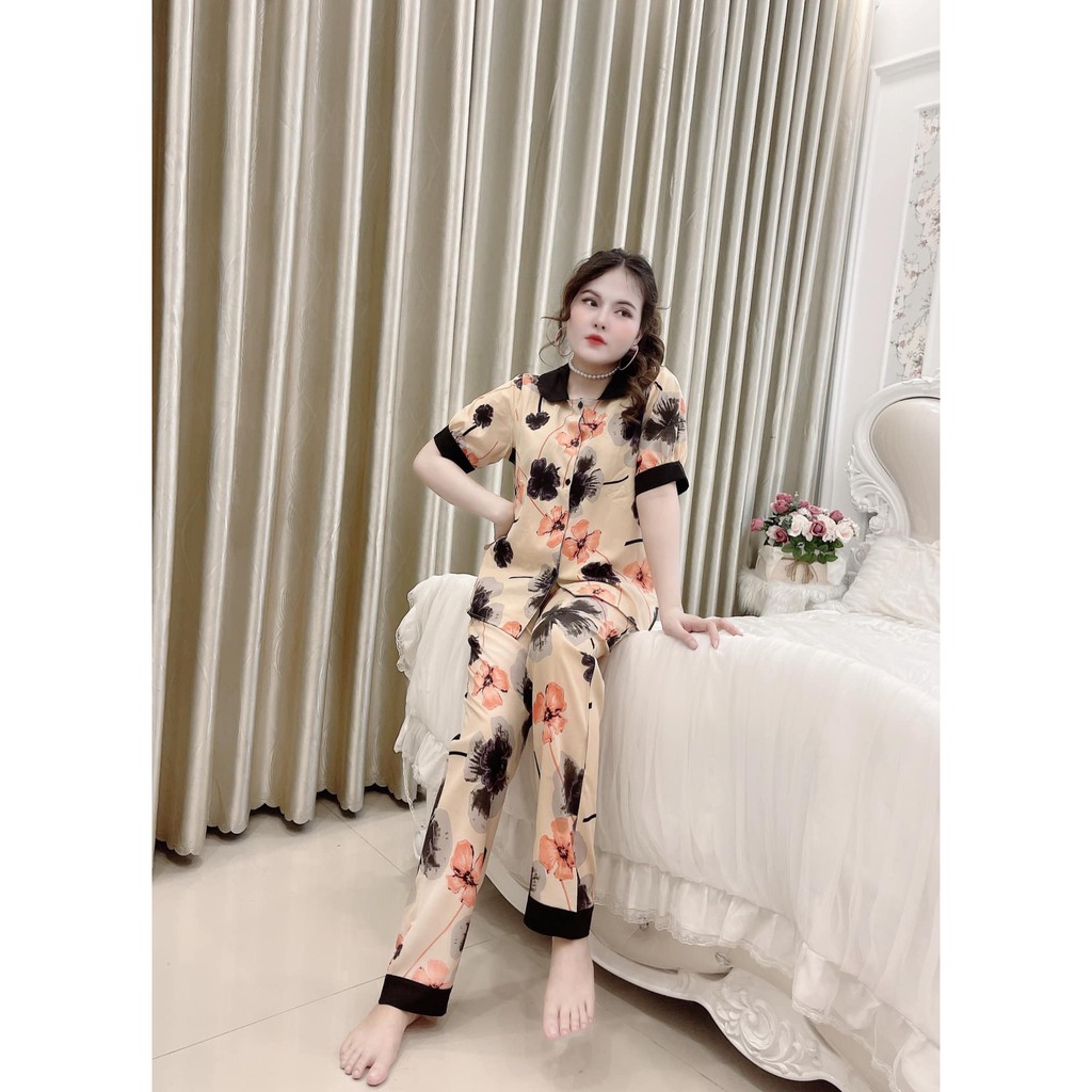 Bộ mặc nhà nữ Lụa Mango áo cổ sen, quần dài, họa tiết đẹp