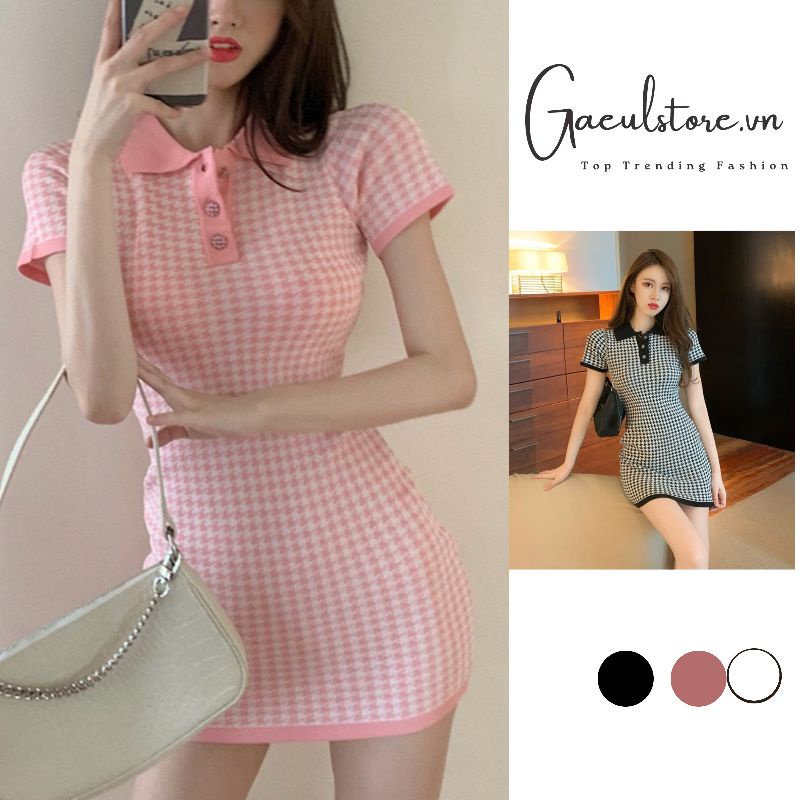 Gaeul store- đầm váy len body Polo hoạ tiết zic zac 2 màu hàng Quảng châu