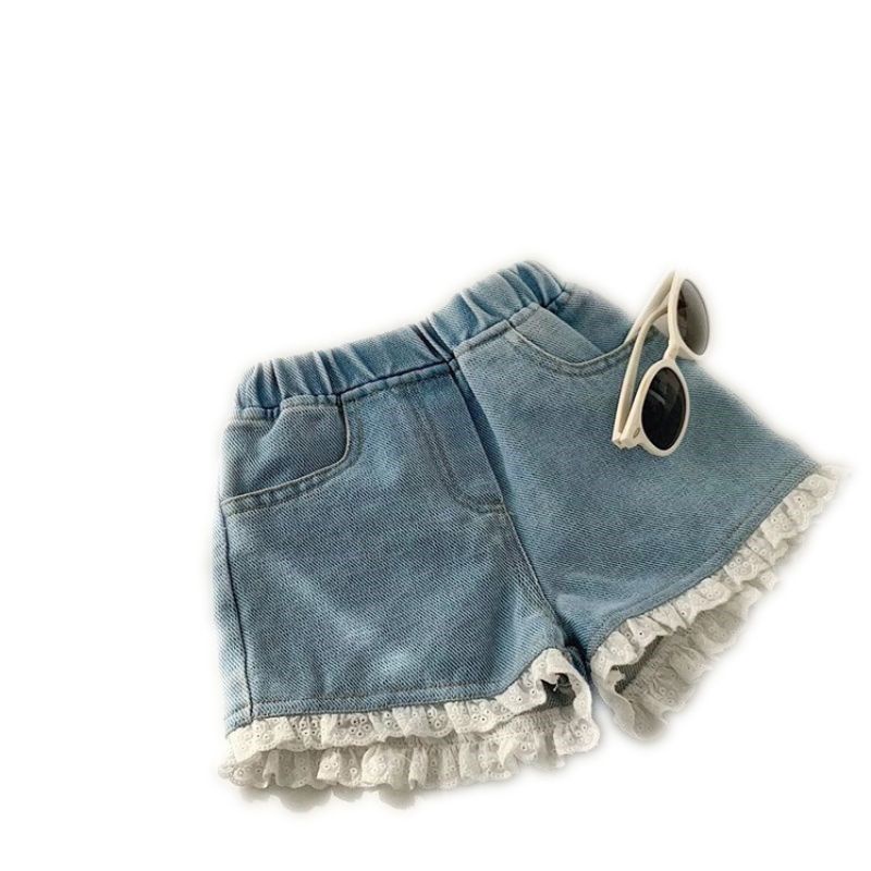 Quần short denim phối ren mềm mại độc đáo phong cách Hàn Quốc thời trang mùa hè cho bé gái