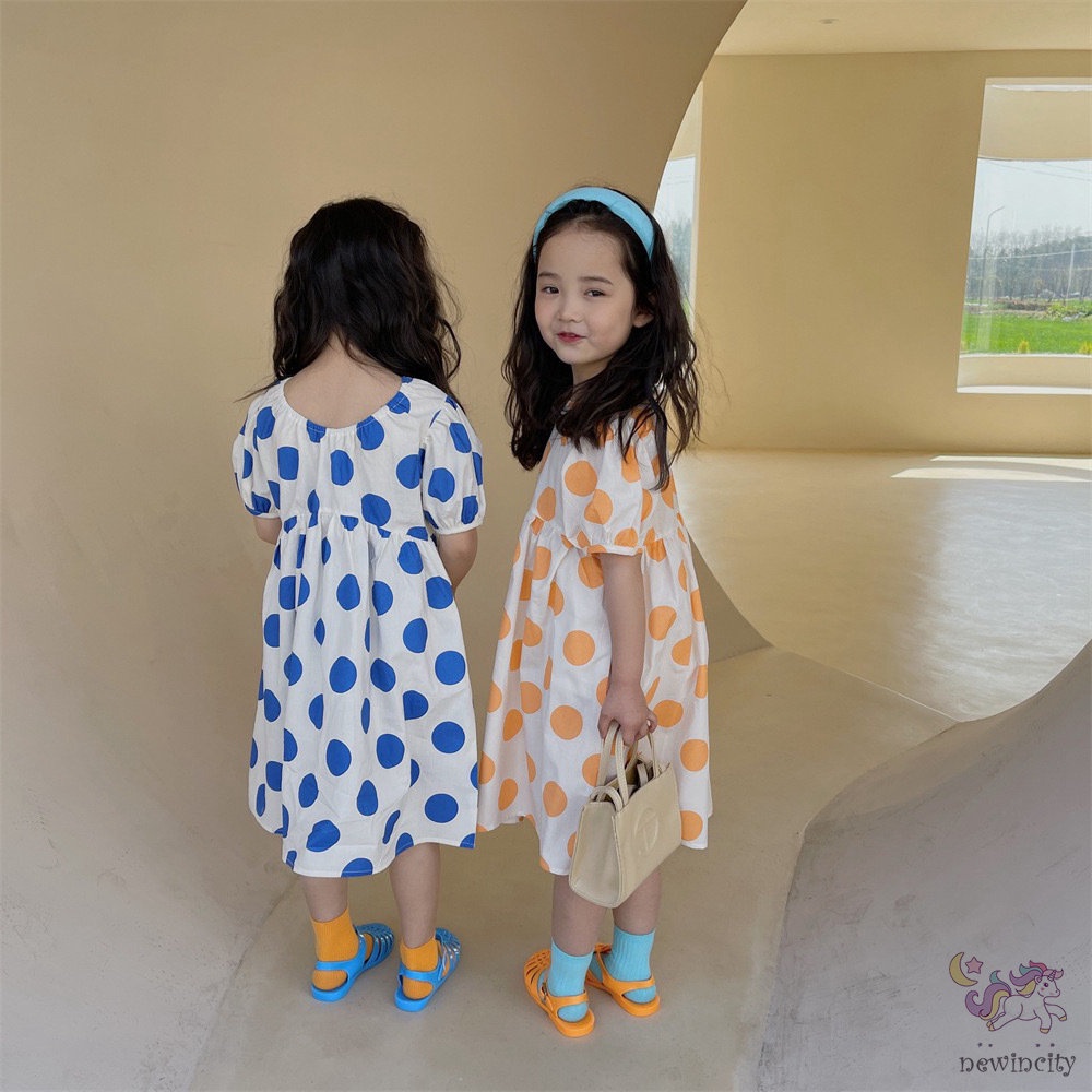 Đầm Tay Phồng Ngắn Họa Tiết Chấm Bi Thời Trang Mùa Hè Hàn Quốc Cho Bé Gái