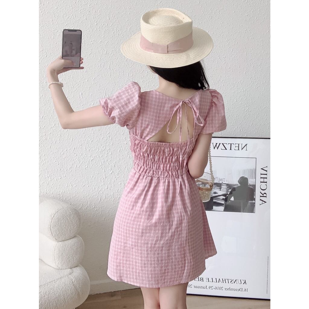 Váy đầm nữ tay phồng hở lưng dáng ngắn phong cách tiểu thư Hàn Quốc chất mềm đẹp sẵn hàng