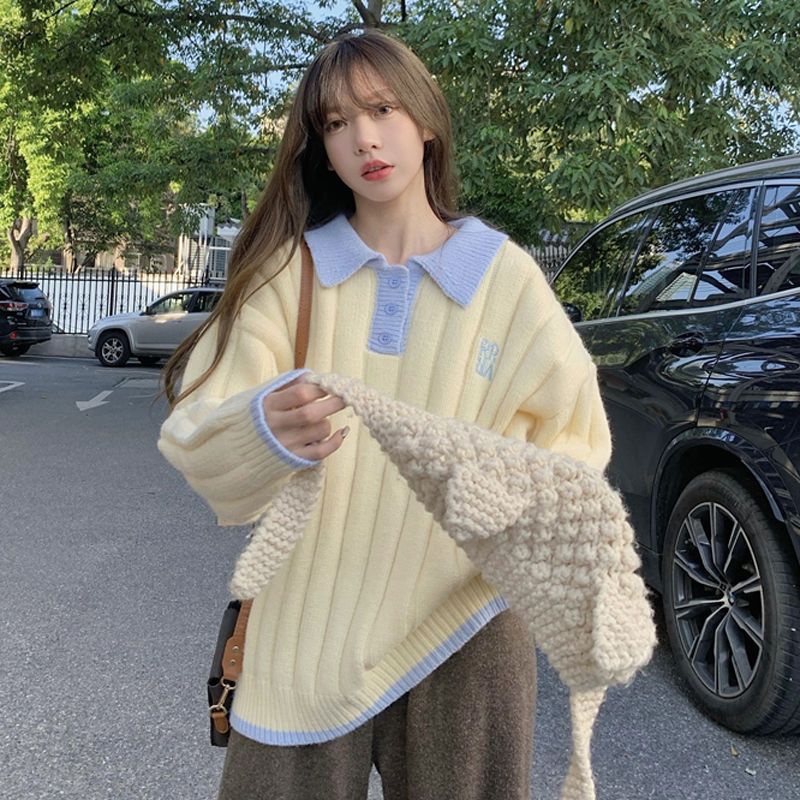 Áo croptop tay dài  áo len kiểu nữ Áo Sweater Cổ Polo Dày Dặn Dáng Rộng Thời Trang Thu Đông 2022 Mới Mẻ Cho Nữ