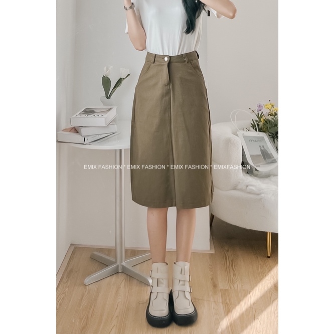 Chân váy jean chữ A EMIX, midi xẻ sau dáng dài, cạp cao, chất jeans mềm 6701