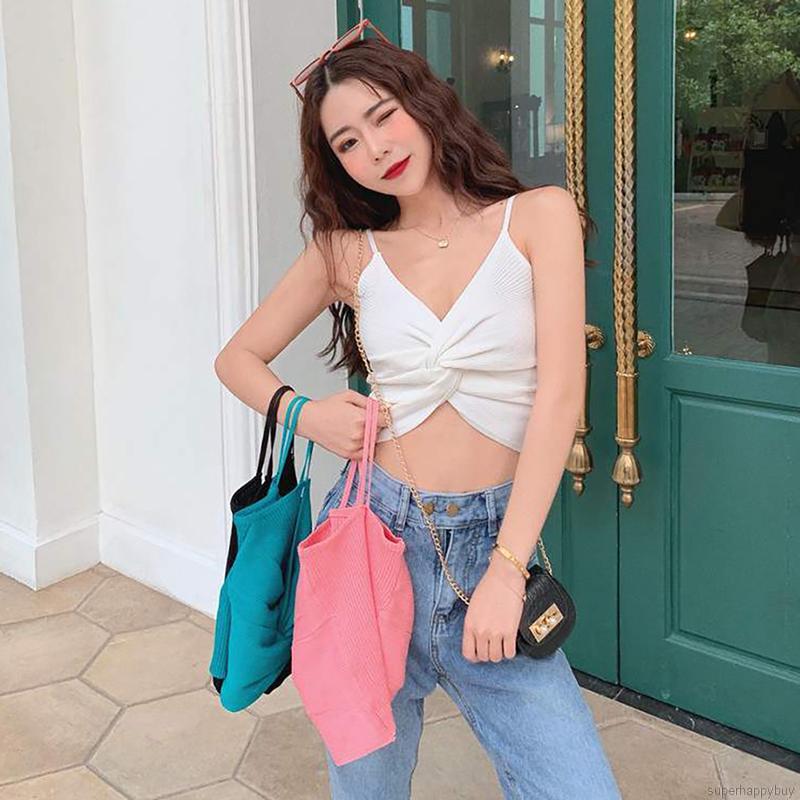 Áo Croptop Dệt Kim Thiết Kế Cổ Chữ V Khoét Sâu Quyến Rũ