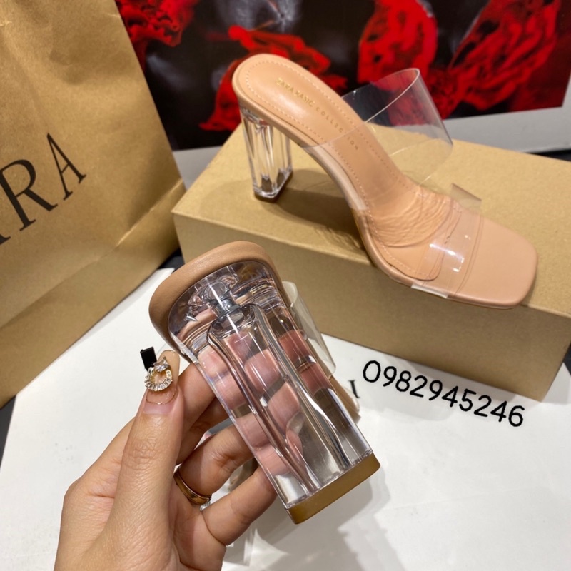 Guốc Zara quai mica 2 màu hồng + trong mềm êm chân, gót 7p và 9p tôn dáng