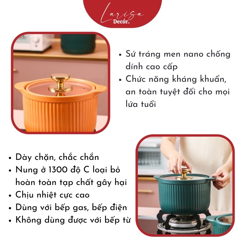 Nồi gốm sứ cao cấp kháng khuẩn chống dính ⭐️ Nắp kính - nồi gốm Nhật kho cá 3 dung tích ⭐️ Dùng bếp gas, bếp điện