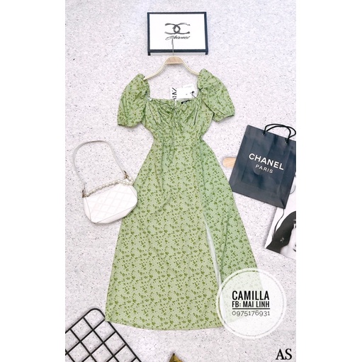 ĐẦM MAXI XANH HOA NHÍ XẺ TÀ DÚM NGỰC