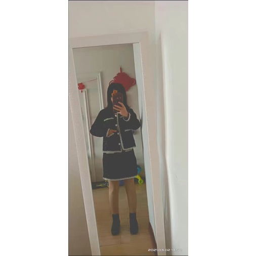 Set áo khoác không cổ + chân váy đen vải tweed sang chảnh viền trắng ulzzang