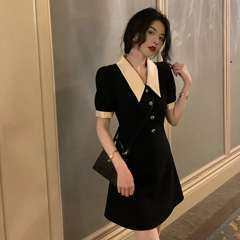 Váy Đầm Cổ Sen Bèo Vải Cotton Màu Đen Dáng Ngắn Xòe Chữ A Chiết Eo Dự Tiệc Đám Cưới Chụp Kỉ Yếu