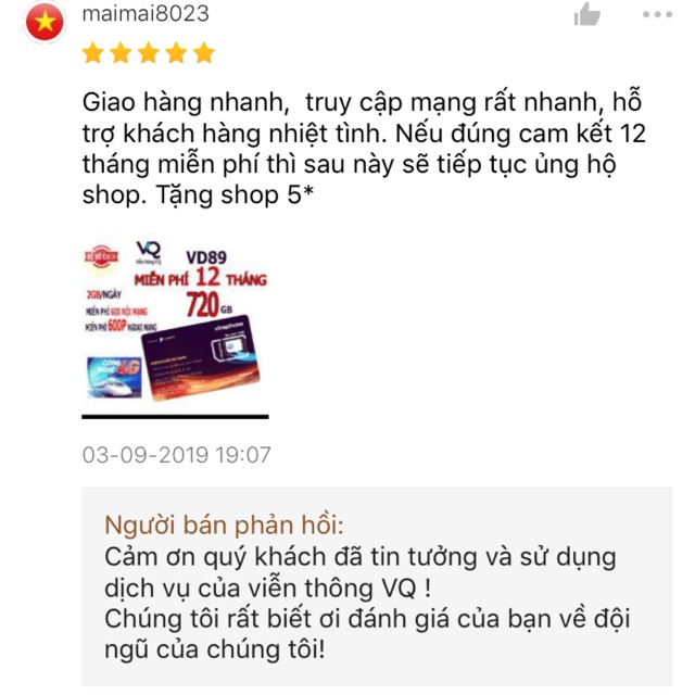 Đánh giá khách hàng về shop Sim vd89 12 tháng vinaphone