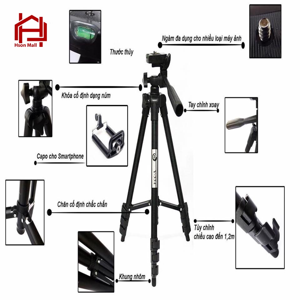 Gậy chụp ảnh 3 chân TRIPOD CAO CẤP, giá đỡ HSON quay phim, chụp ảnh, livestream tự sướng M3110 - M3120