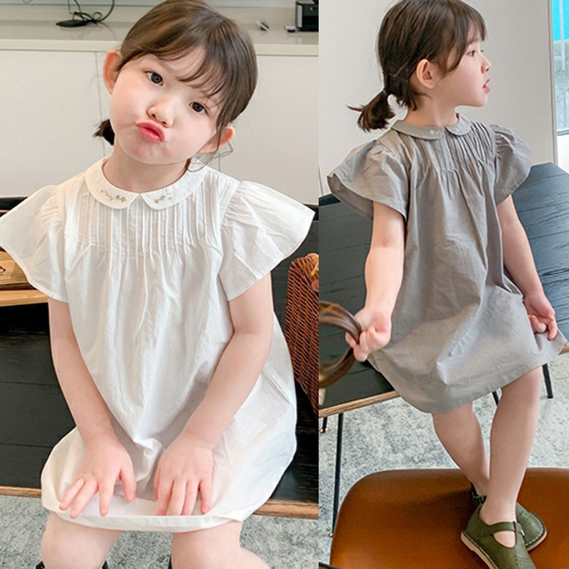 Đầm Công Chúa Xếp Ly Cổ Búp Bê Chất Liệu Cotton Thêu Họa Tiết Phong Cách Hàn Quốc Đơn Giản Dành Cho Bé Gái